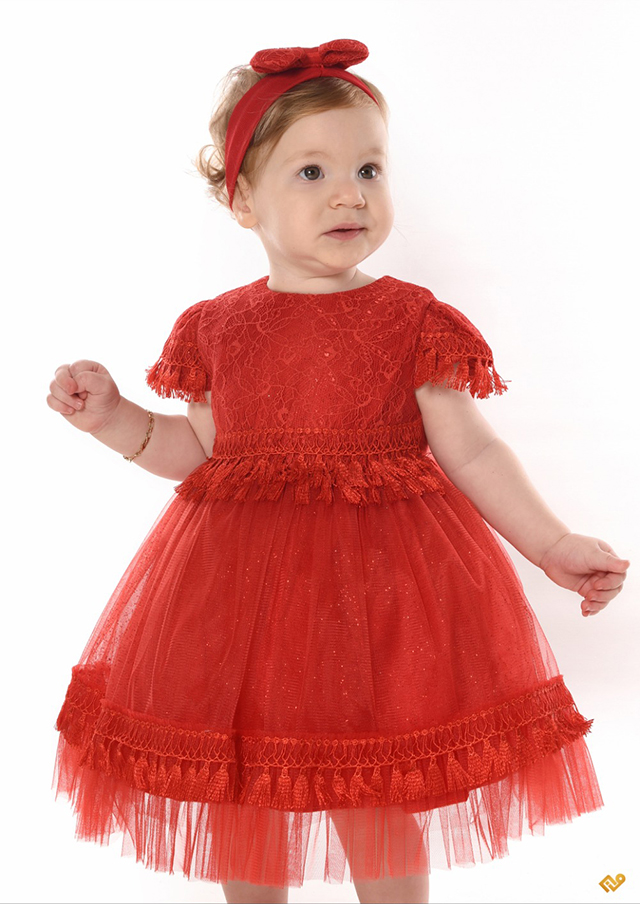 Simli Saçaklı Karpuz Kollu Aylık Elbise