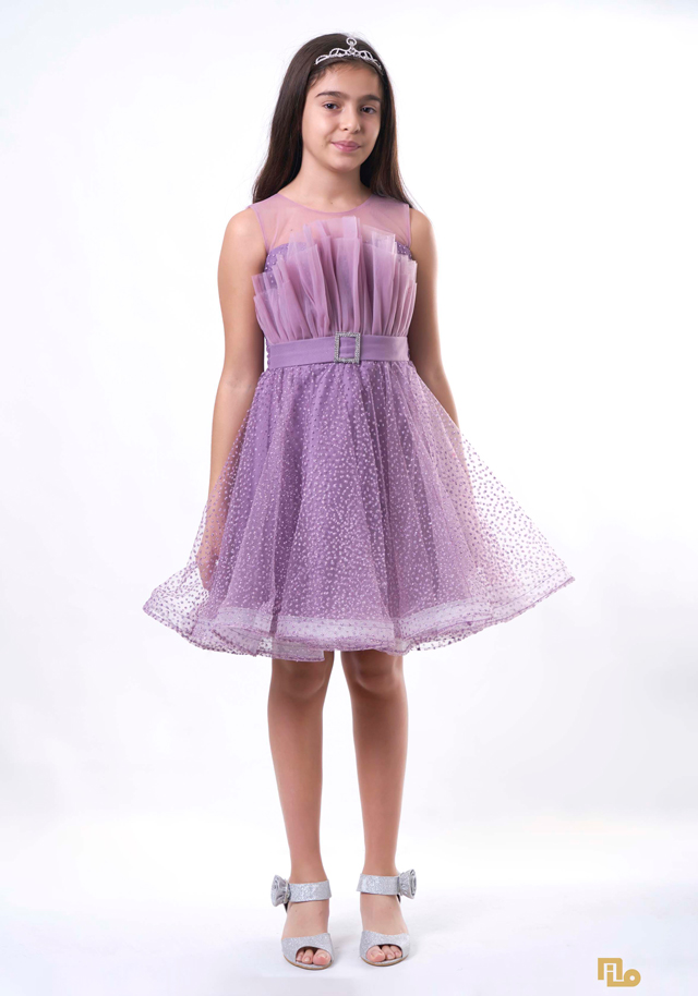 KÖPÜKSİM BASKILI YELPAZE YAKA KISA ELBİSE Kız Çocuk Abiye