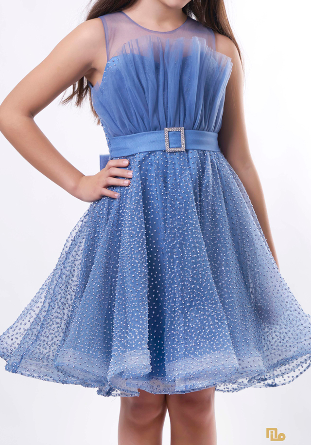 KÖPÜKSİM BASKILI YELPAZE YAKA KISA ELBİSE Kız Çocuk Abiye