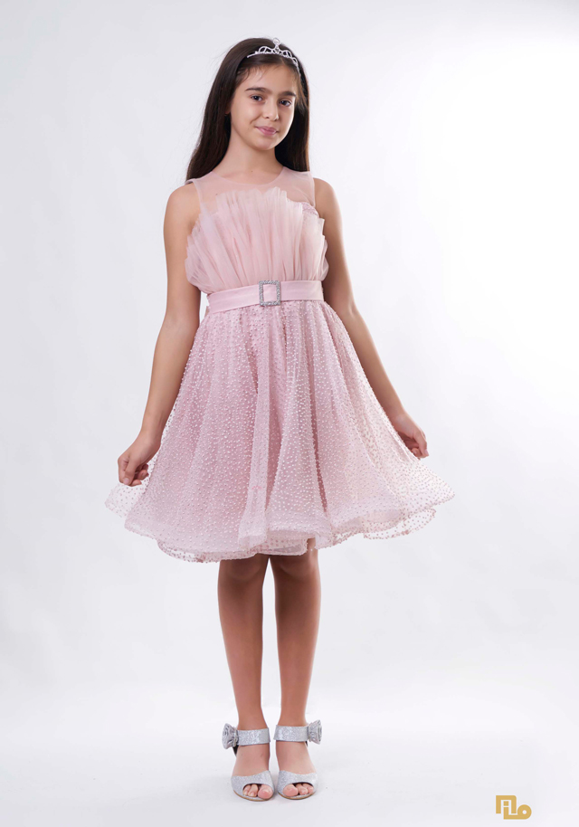 KÖPÜKSİM BASKILI YELPAZE YAKA KISA ELBİSE Kız Çocuk Abiye