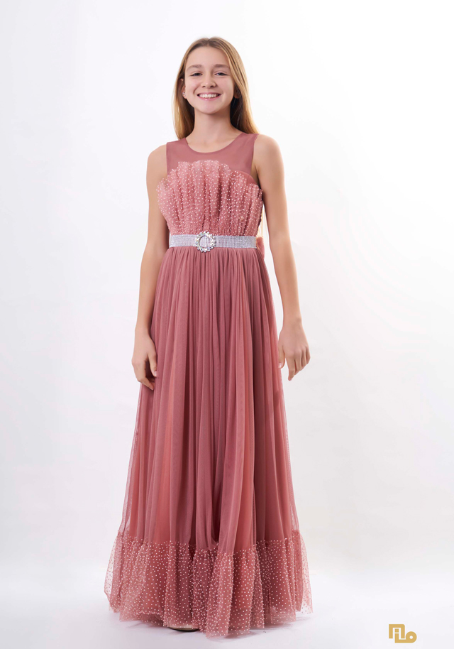 YELPAZE YAKA KEMERLİ ETEK FIRFIRLI UZUN PRENSES Kız Çocuk Abiye