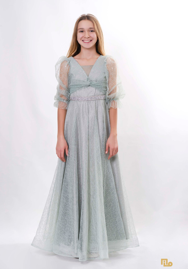 LEZJAKAR BALON KOL TAŞ BASKILI UZUN ELBİSE Kız Çocuk Abiye